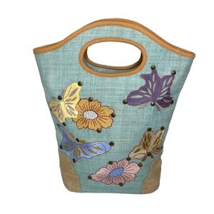 Therese Jewelry Teal Burlap Floral Butterfly Embroidered & Beaded Purse/Tote
